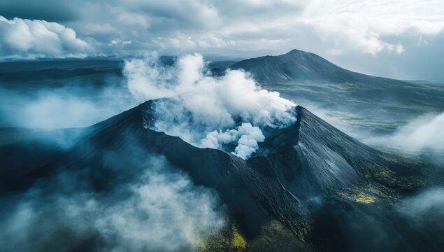 Drone photo of an active volcano, with smoke rising from the crater, white clouds in the sky, and a misty, dark gray.