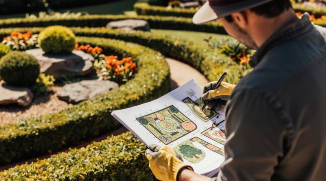 Man wearing hat and gloves studies garden plan. Pro landscape designer draws layout for beautiful yard. Outdoor scene with plants, flowers, and paths.