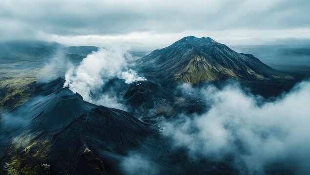 Drone photo of an active volcano, with smoke rising from the crater, white clouds in the sky, and a misty, dark gray.