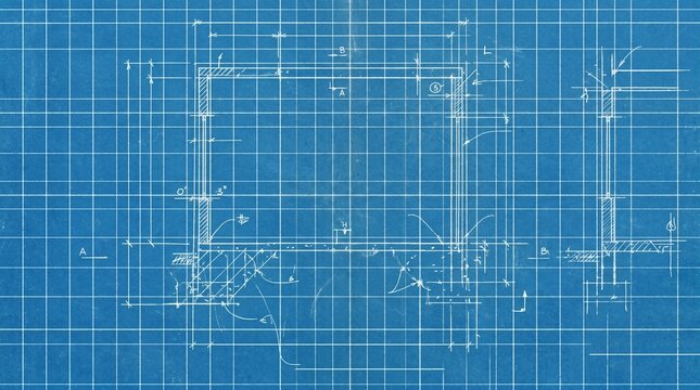 Architectural blueprint technical drawing on blue grid paper, construction floor plan with measurements, engineering schematic for building design isolated PNG with Transparent Background