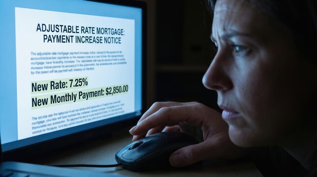 first home buyer loan stress concept. Woman reading mortgage payment increase notice on computer screen