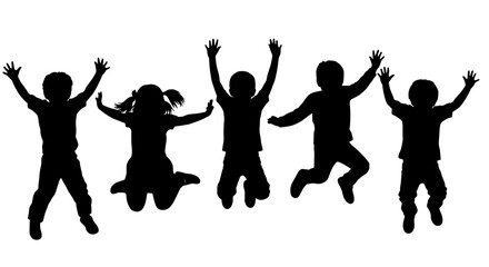 Fototapeta premium Children jumping up with arms raised in joyful playful black silhouettes featuring kids, happy, silhouette with vector and illustration elements for