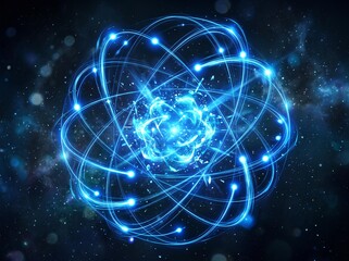 Fototapeta premium stylized glowing blue atom model with orbiting electrons representing nuclear energy and quantum physics.