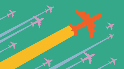 Leading orange plane with yellow trail, pink planes follow on teal © Tahphoto