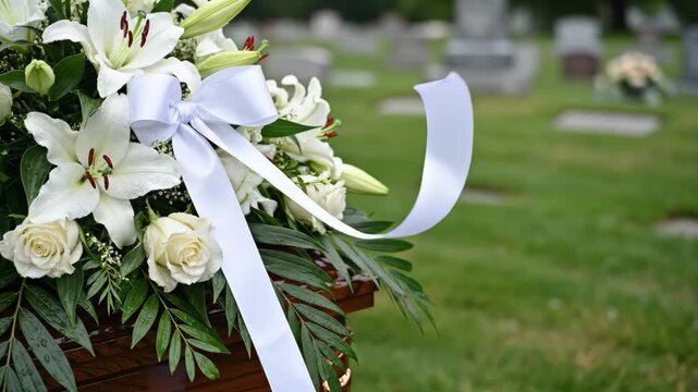 Floral Arrangement Adorns Casket at Gravesite, Commemorating Life and Hope