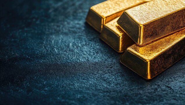 Gold bars on a dark blue and green background, top view. Gold bullions on a grunge texture background.