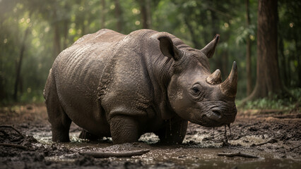 Fototapeta premium Rhinoceros in natural forest habitat outdoors.