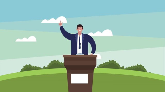 Animated male politician character speaking at podium in public park setting during political campaign event.