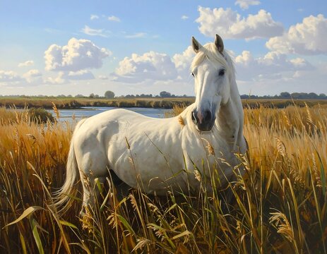 A majestic white steed stands in golden tall grass, gazing forward with a tranquil pond and fluffy clouds as a backdrop