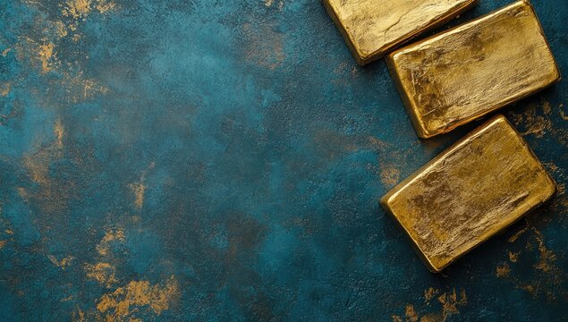 Gold bars on a dark blue and green background, top view. Gold bullions on a grunge texture background.