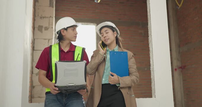 Female Project Coordinator Calls Supplier About Material Delay with Site Engineer