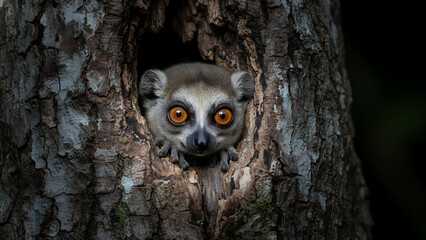 Fototapeta premium Ring-tailed lemur peeking from tree.