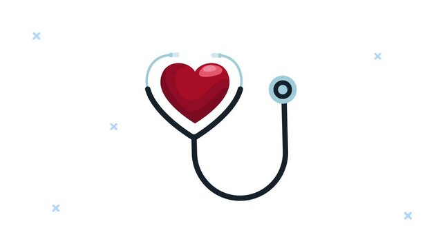 Heart health animation with stethoscope and red heart beating against white background with motion graphics.