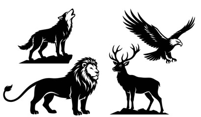 Black silhouettes of wild animals including lion, wolf, eagle, and deer. © SobujChandra