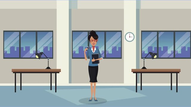 Business woman standing in modern office with financial folders holding pen during evening working hours.