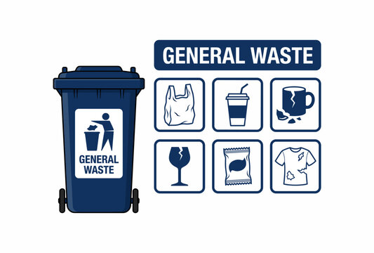 Illustration of a blue general waste bin with various icons depicting common non-recyclable items for proper disposal and waste management.