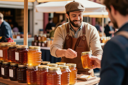 Bearded man in cap and apron sells honey jars at outdoor market. He smiles, hands jar to customer. Racked selection of natural amber liquid product. Farm fresh food business.