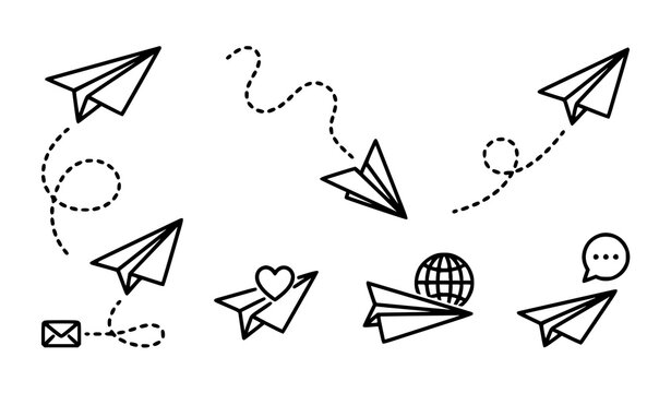 Paper airplane vector black and white flying route icon set