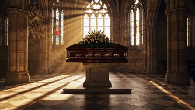 Ornate coffin with flower arrangement on stone altar in church bathed in golden sunlight.