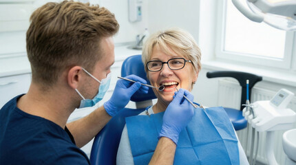 Fototapeta premium Senior woman smiling during dental checkup with dentist in modern clinic