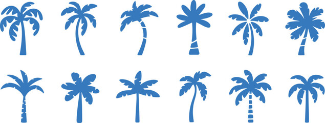 Palm trees silhouettes collection set, tropical island plants icons, blue vector illustration for summer design © Sume