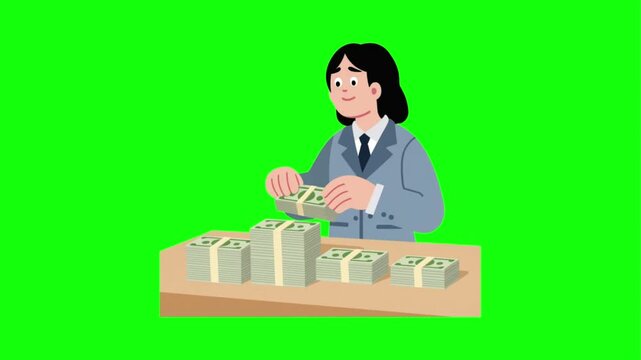 Rich man sitting on money pile, woman counting cash, man throwing money