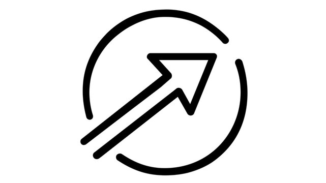 Minimalist vector icon illustration of a market order symbol featuring an upward diagonal arrow breaking through a circular frame, representing immediate financial transactions and stock growth.