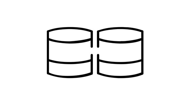 Minimalist vector icon illustration of two interlocking database symbols, representing CRM integration, data synchronization, cloud storage, and network connectivity in a clean line art style.