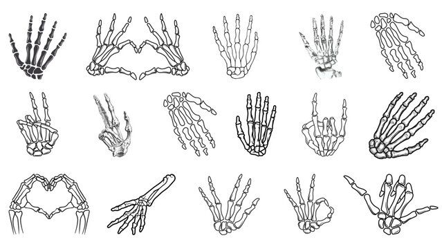 Skeleton hands perform various gestures and poses in a detailed line art style for medical or creative design projects.