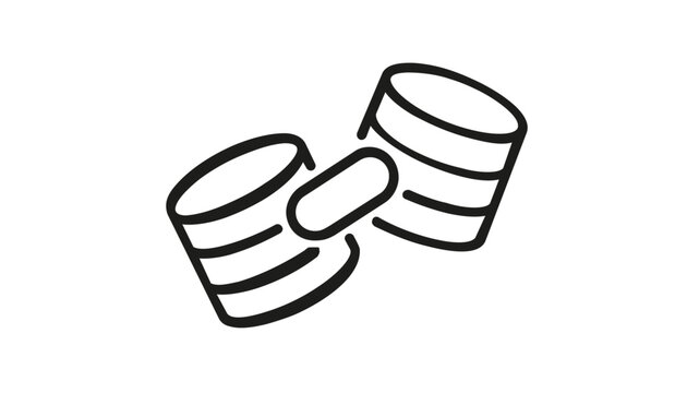 CRM Integration vector icon featuring two interlocking database symbols in a clean line art style, representing data synchronization, cloud connectivity, and seamless system integration.