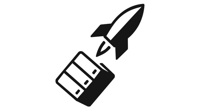 Minimalist vector icon illustration of a rocket launching from a server rack, symbolizing fast cloud deployment, software development, DevOps automation, startup growth, and high-speed data hosting.