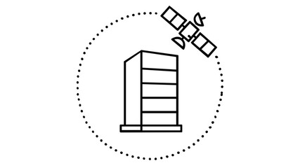 Space computing vector icon featuring a satellite orbiting a server building or data center. Minimalist line art illustration representing global network connectivity and cloud technology. © Shehroz