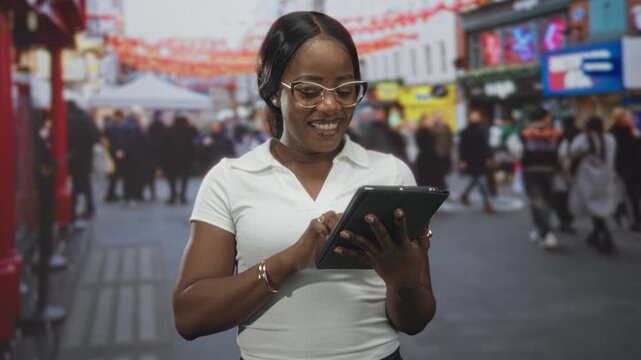 Woman tapping tablet with finger, holding device with left hand, smiling and wearing glasses in a busy street market with stalls and banners; joy connection.