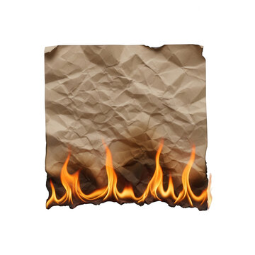 Crumpled brown paper sheet with burning bottom edge and bright flames on black background