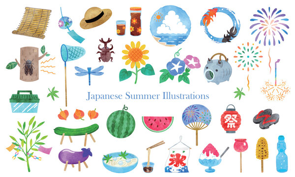 日本の夏イラストセット　手描き水彩
