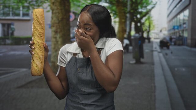 Woman baker in apron holds a baguette and covers mouth with hand on a street sidewalk after smelling fresh bread; surprise community.