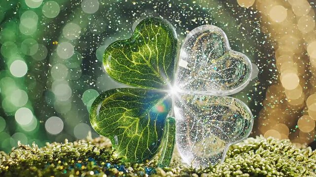 A green four-leaf clover with sparkling light effects on a bokeh background.