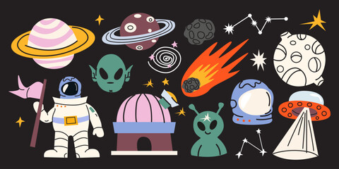 Collection of cartoon space stickers. Galactic elements, astronaut, planet, rocket, alien, UFO, meteorite, satellite, stars. Space vector illustration in trendy doodle groovy style © luamor