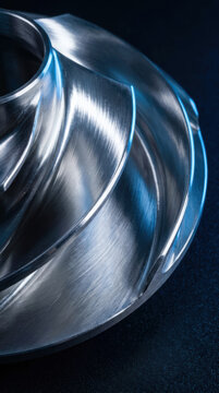 Metallic pump impeller blade with smooth curved surfaces reflecting blue light, Energy Efficiency Engineering