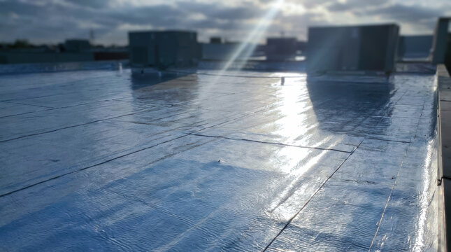 Roof surface with reflective waterproof coating shining under sunlight on cloudy day, Energy Efficiency Engineering