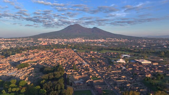 Aerial view of Pompeii Ruins. Pompeii is a large ancient Roman city, large-scale archaeological complex, Italy.