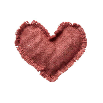 Heart shaped fabric patch made of red burlap textile with frayed edges isolated