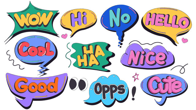Vector mega set of pop art comic speech bubbles with various text expressions including Wow, Hi, No, Hello, Cool, Ha Ha, Nice, Good, Opps, and Cute. Colorful hand drawn stickers with bold outlines iso