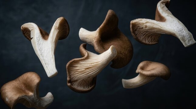 Several different shapes of oyster mushrooms floating against dark and moody background.