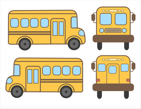 Cute yellow school bus vector illustration. Cartoon school bus in side, front and back view isolated on white background.Transportation for kids education, back to school design, sticker and nursery.