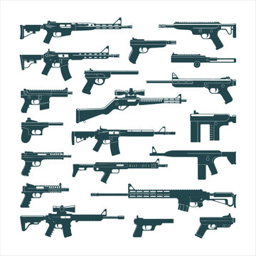 Teal Silhouettes of Modern Firearms on White Background