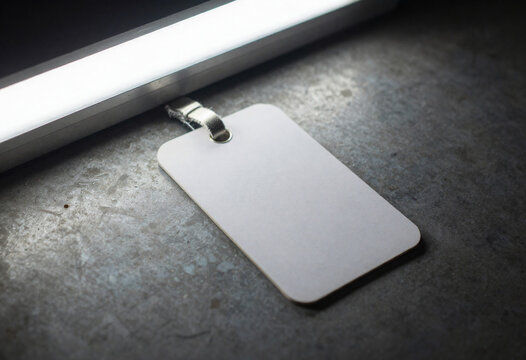image captures blank identification tag tied frayed string resting weathered steel surface harsh fluorescent