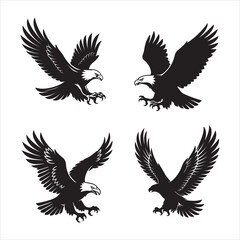 Fototapeta premium Eagle Bundle Clip Art, Set of Flying Eagle Silhouette with Spread Wings Vector, Bald Eagle Emblem Illustration, American Eagle Silhouette, Set of Eagle logo black and white, Bald eagle flying png