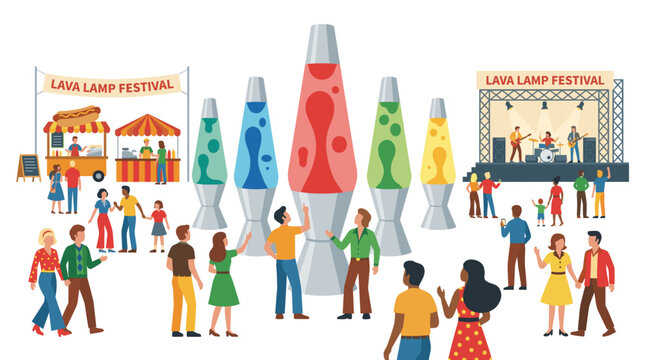 Colorful retro giant lava lamp outdoor festival with diverse crowd of people gathering, food stalls and music stage flat vector illustration.