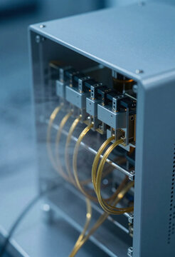 quantum computer cryostat system bathed cool blue mist reveals intricate gold cables glinting soft laboratory